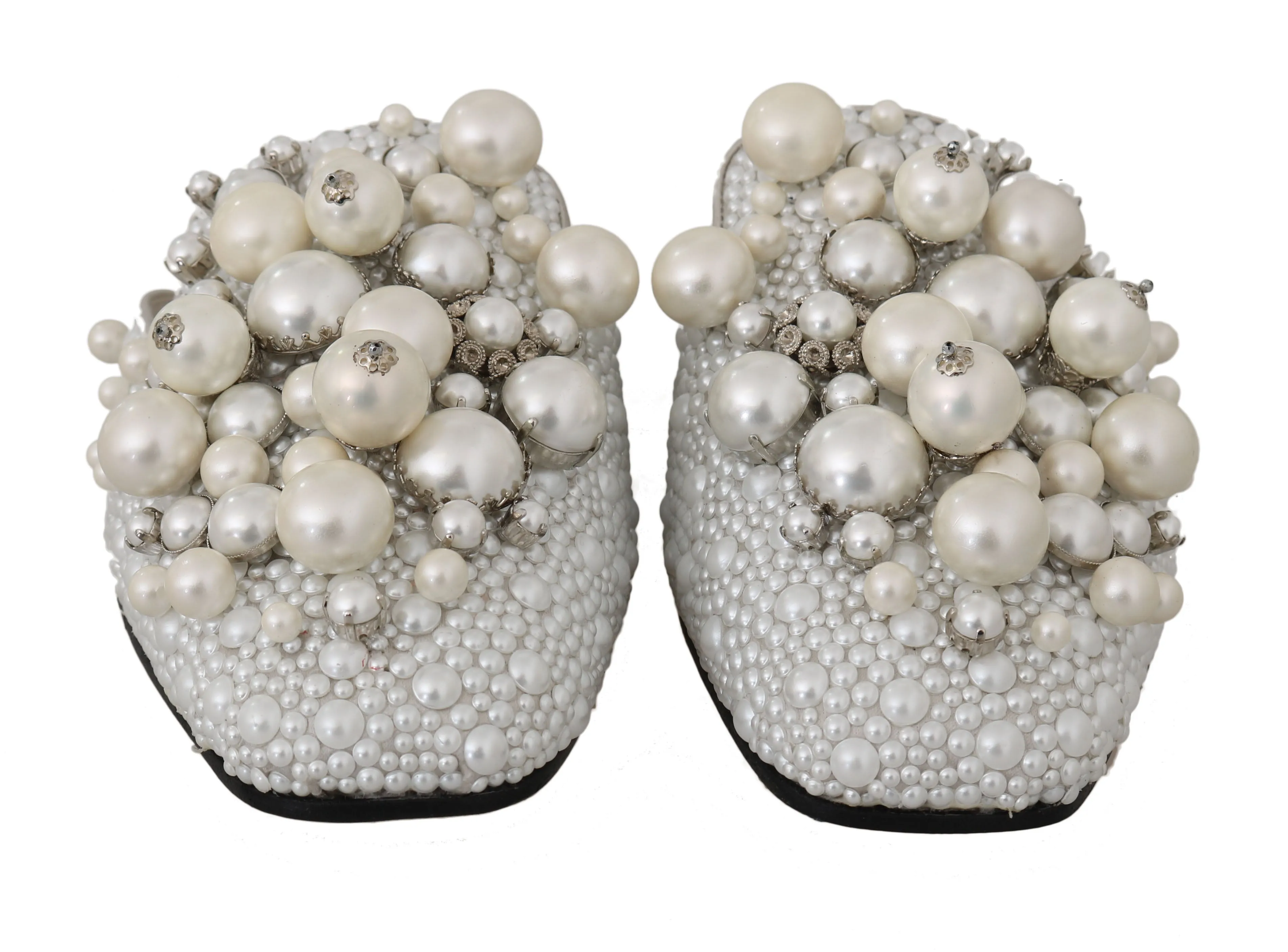 Gray Satin Leather Pearl Lace Mules