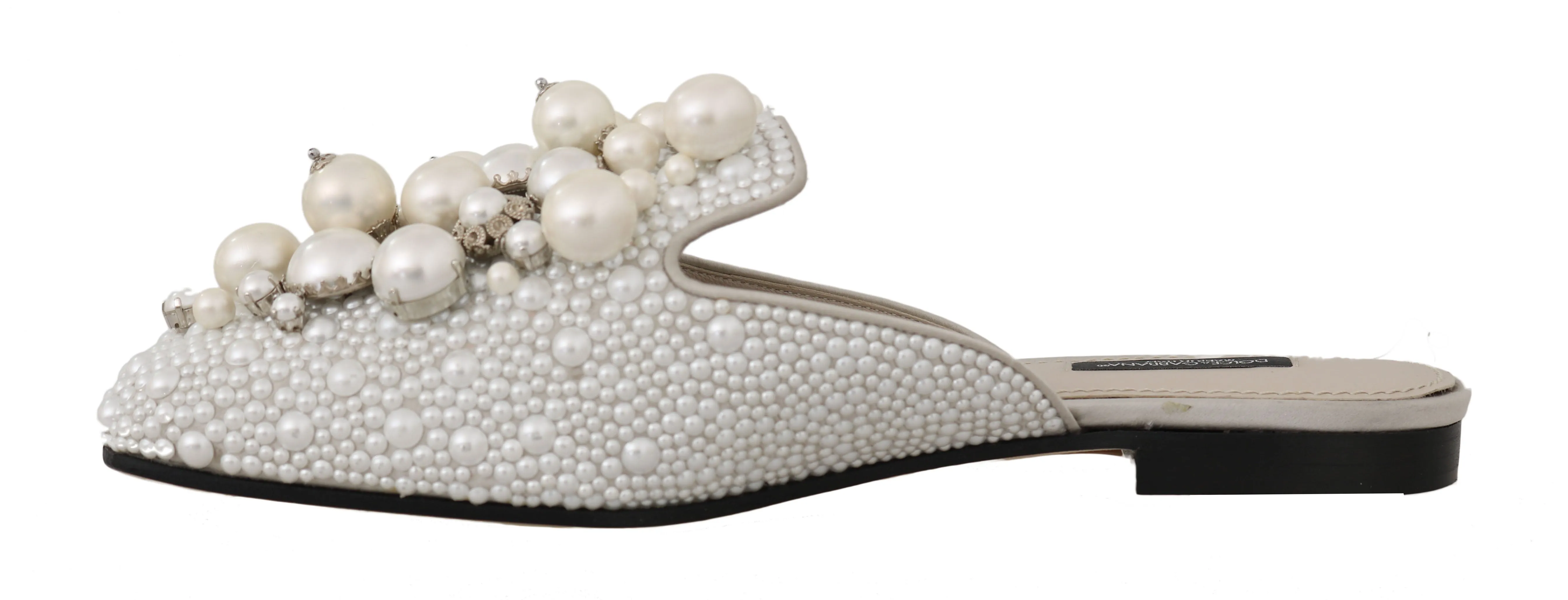 Gray Satin Leather Pearl Lace Mules