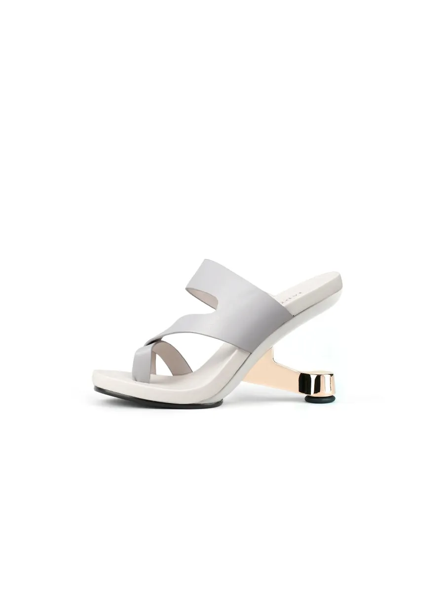 Grey Criss-Cross Toe Elevator Heel Leather Slides