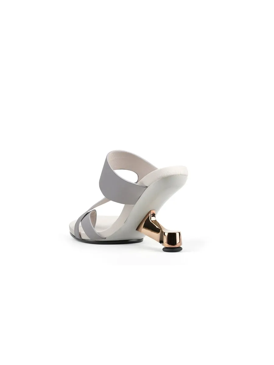 Grey Criss-Cross Toe Elevator Heel Leather Slides