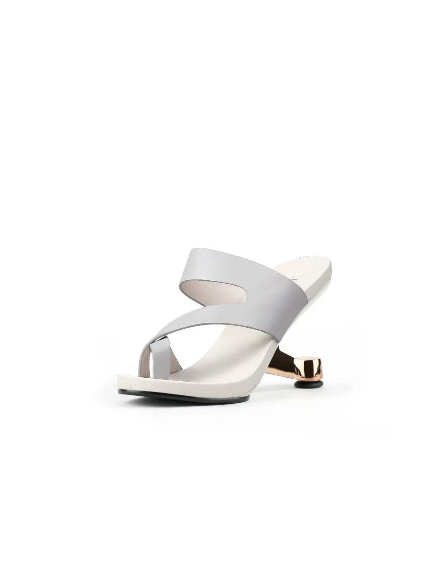 Grey Criss-Cross Toe Elevator Heel Leather Slides