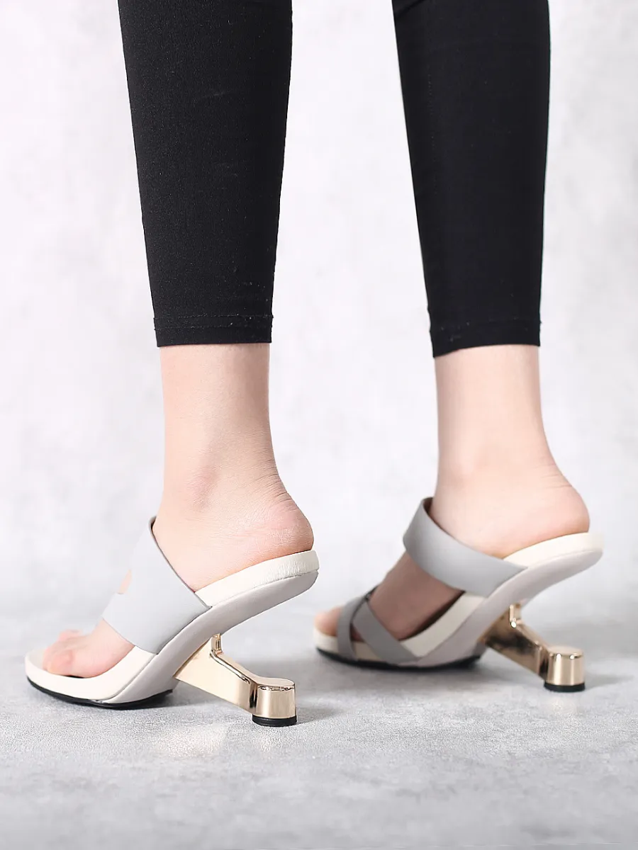Grey Criss-Cross Toe Elevator Heel Leather Slides