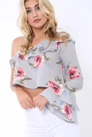 Grey Floral One Sleeved Crop Top - Beatrice
