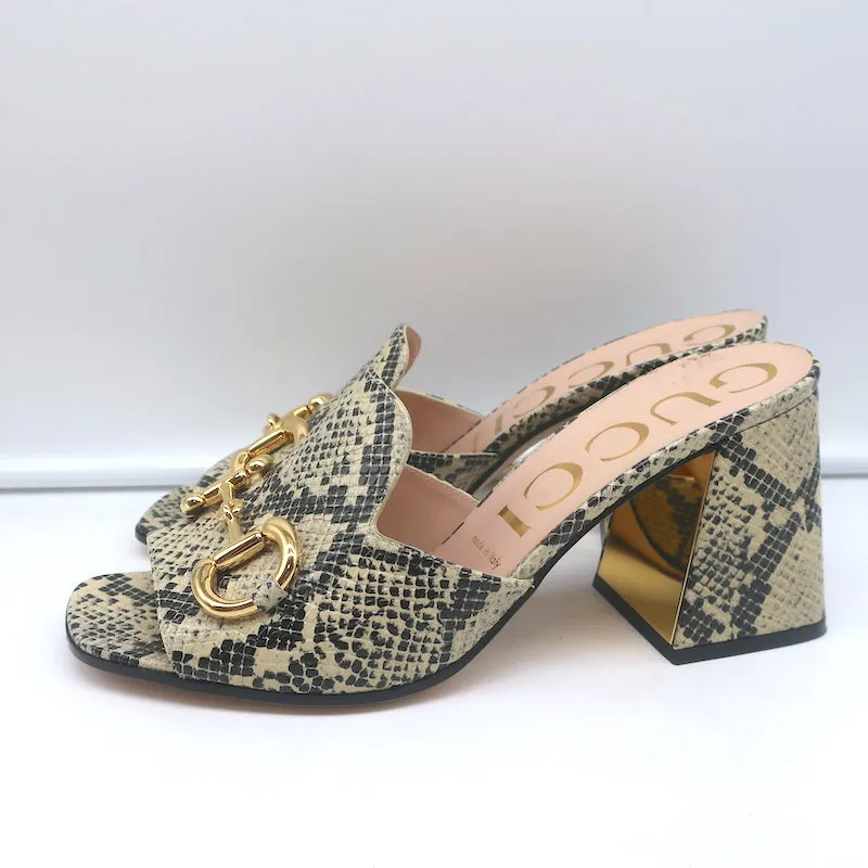 Gucci Baby Horsebit Mules Cream Snake-Embossed Leather Size 39 Open Toe Heels