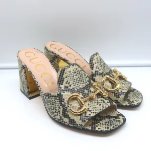 Gucci Baby Horsebit Mules Cream Snake-Embossed Leather Size 39 Open Toe Heels