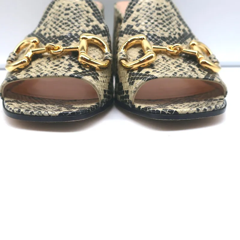 Gucci Baby Horsebit Mules Cream Snake-Embossed Leather Size 39 Open Toe Heels