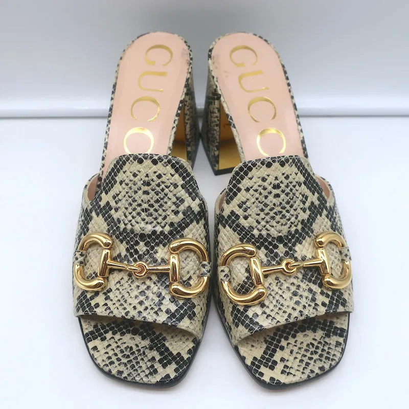 Gucci Baby Horsebit Mules Cream Snake-Embossed Leather Size 39 Open Toe Heels