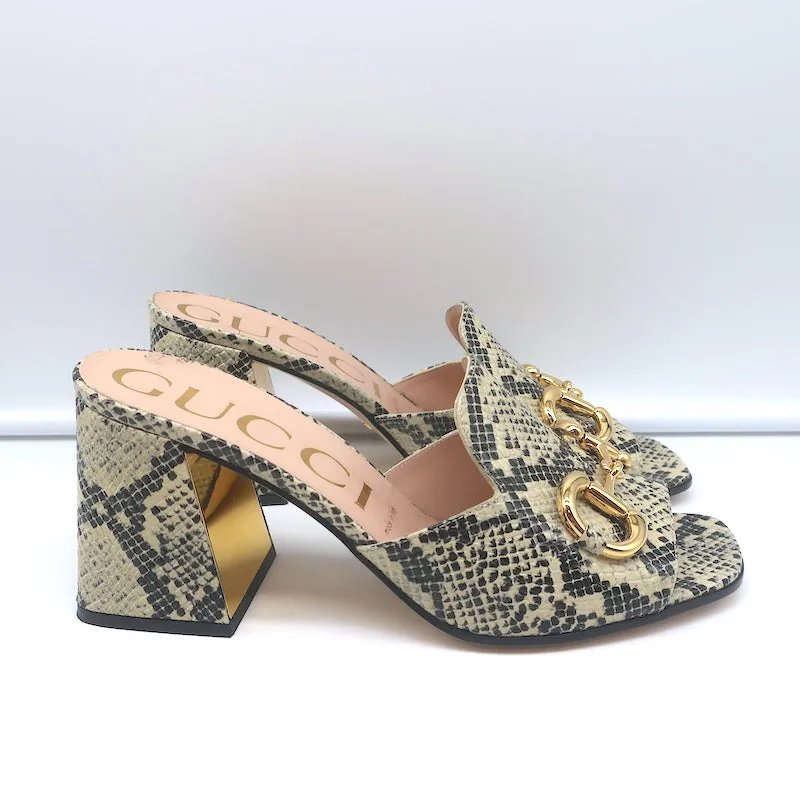 Gucci Baby Horsebit Mules Cream Snake-Embossed Leather Size 39 Open Toe Heels