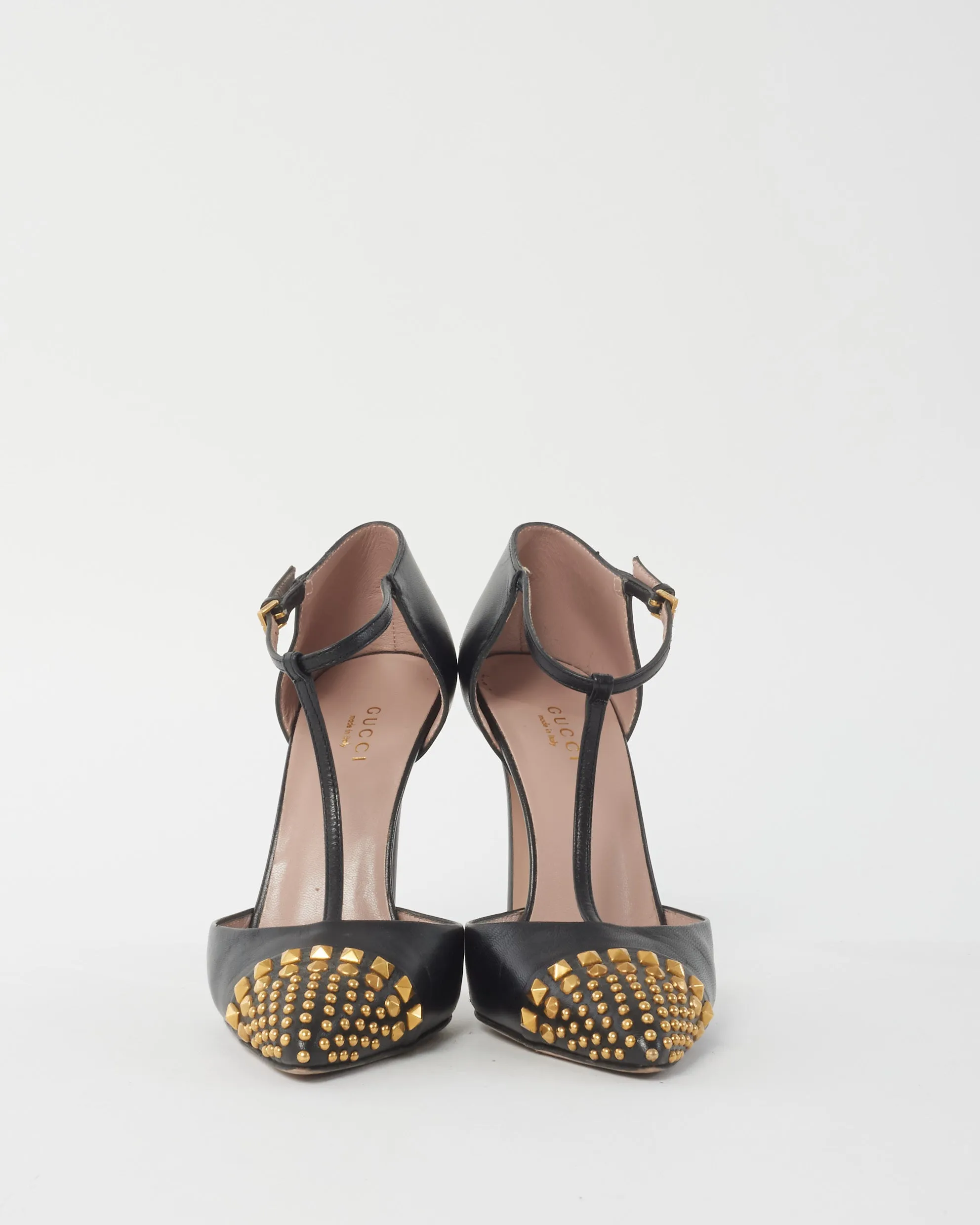 Gucci Black Leather & Gold Stud Ankle Strap Pumps - 36.5