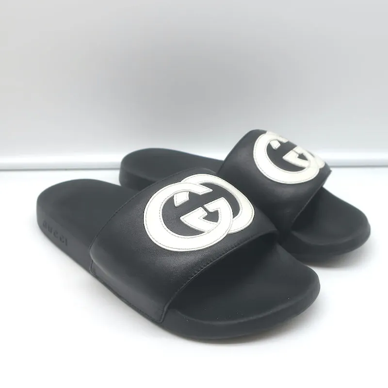 Gucci Interlocking GG Pursuit Pool Slides Black Leather Size 37 Flat Sandals