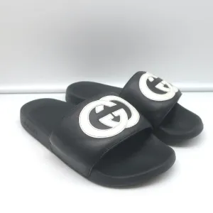 Gucci Interlocking GG Pursuit Pool Slides Black Leather Size 37 Flat Sandals