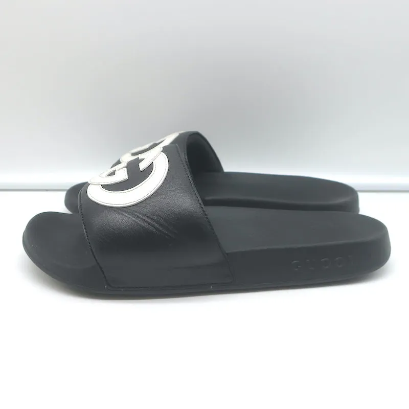Gucci Interlocking GG Pursuit Pool Slides Black Leather Size 37 Flat Sandals