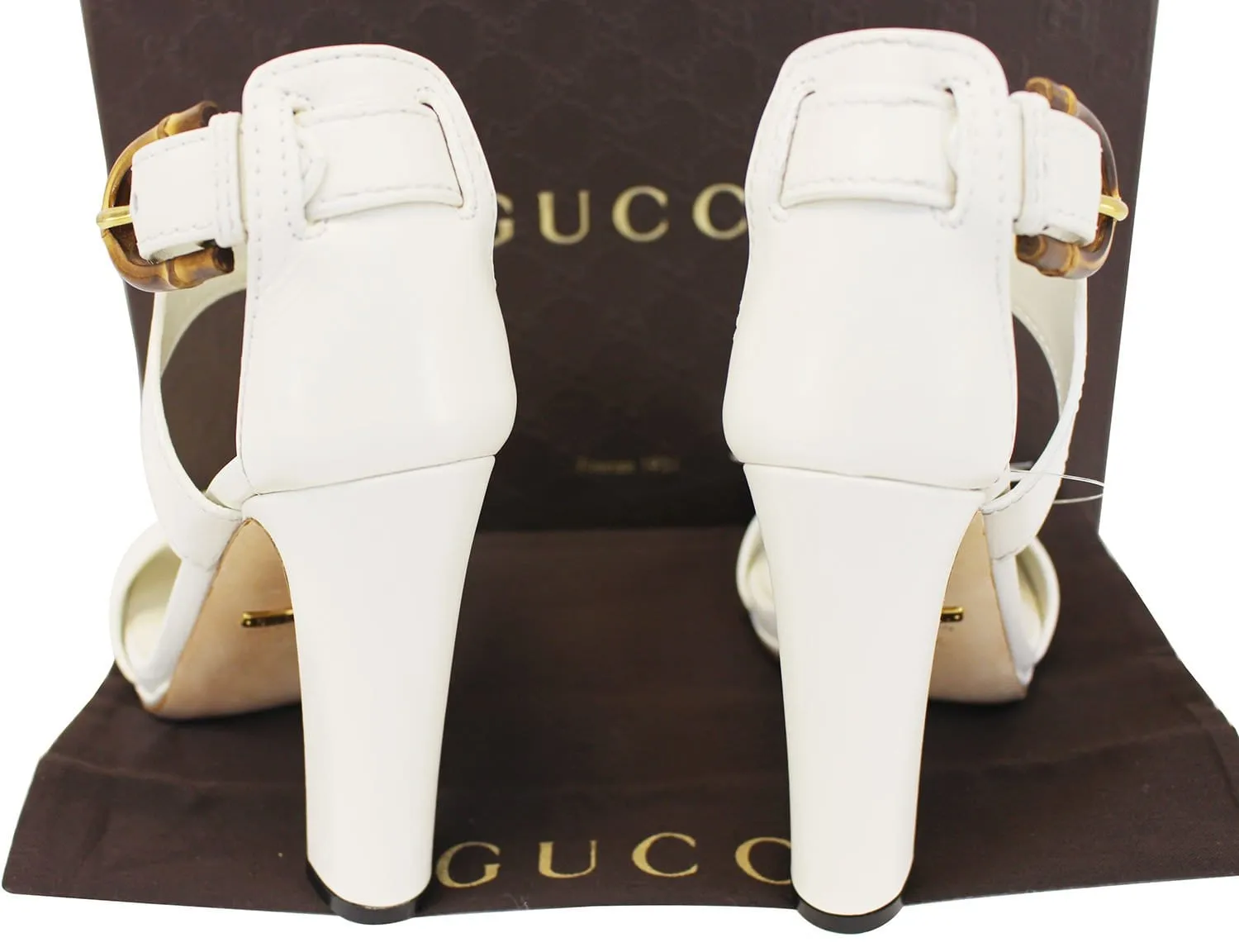 GUCCI Lifford Leather Off White Platform Sandal Bamboo Buckle 338712
