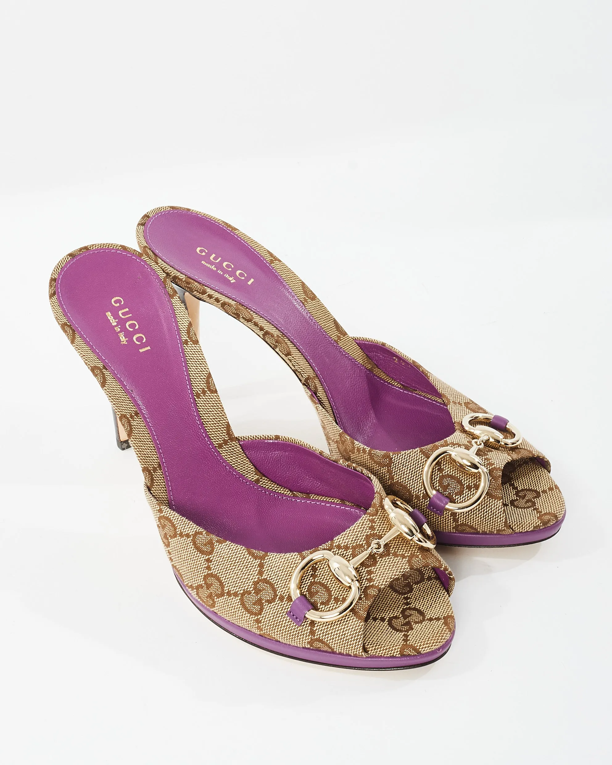 Gucci Vintage Beige & Brown GG Monogram Canvas Horsebit Mule Sandals - 38