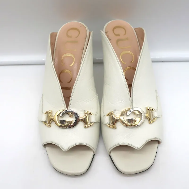 Gucci Zumi Mules Ivory Leather Size 35.5 Peep Toe Heels