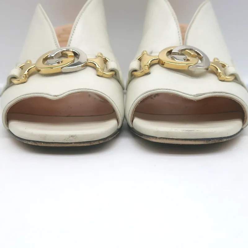 Gucci Zumi Mules Ivory Leather Size 35.5 Peep Toe Heels