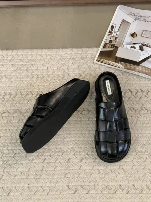 Hollow Round-Toe Split-Joint Woven Sandals Slippers&Mules