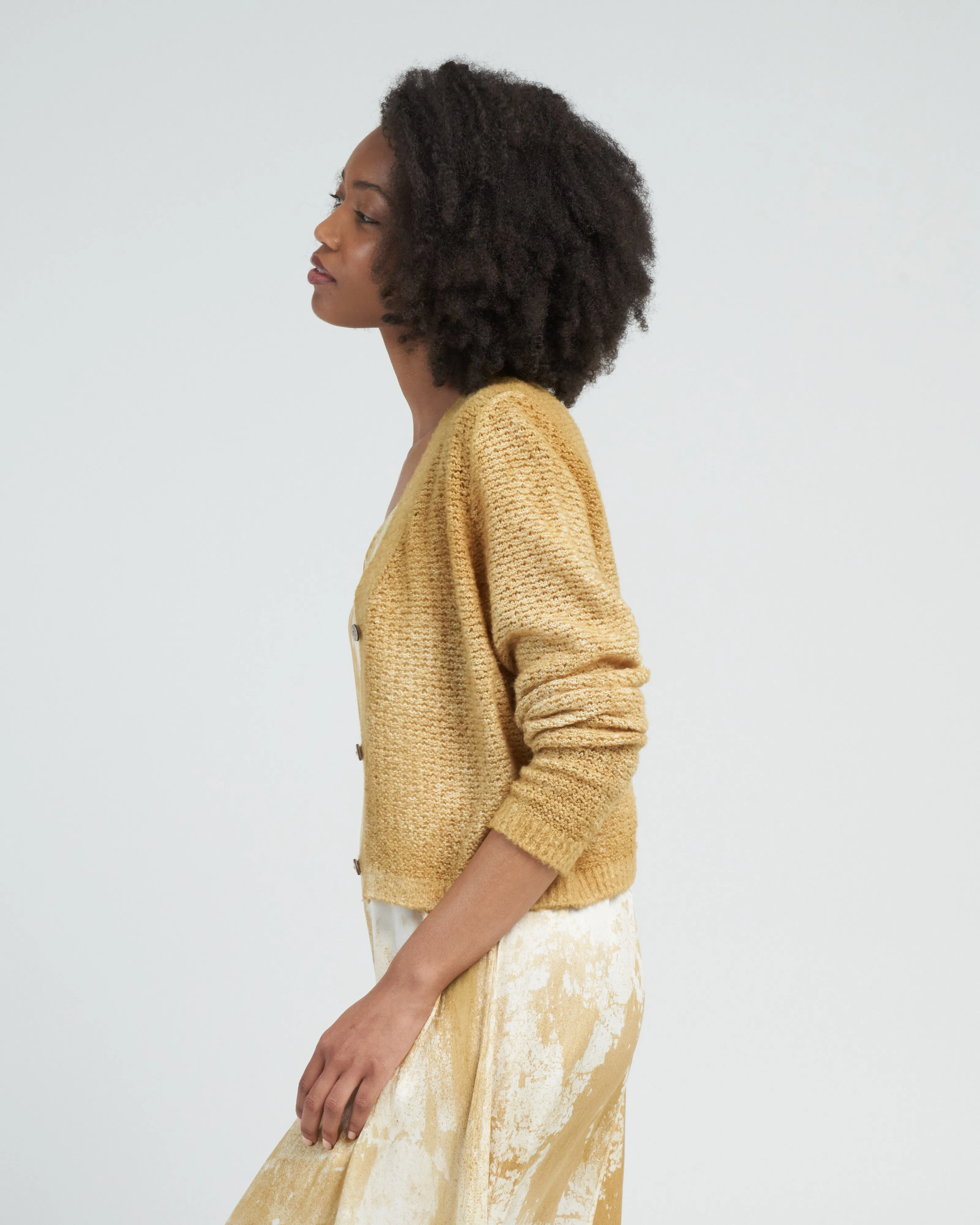 irregular stitch brushed cotton/linen v neck cardigan - oil