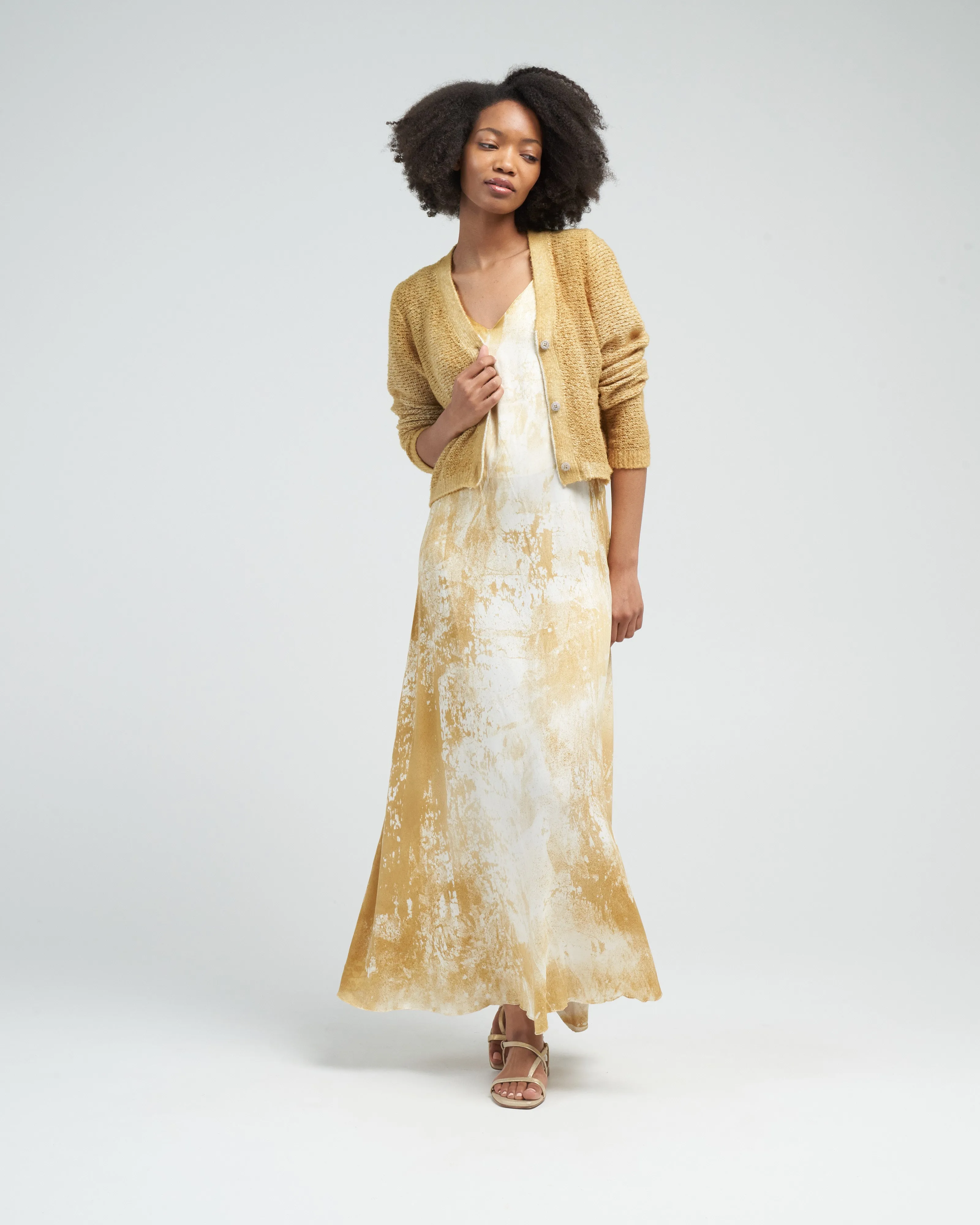 irregular stitch brushed cotton/linen v neck cardigan - oil