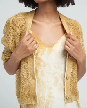 irregular stitch brushed cotton/linen v neck cardigan - oil