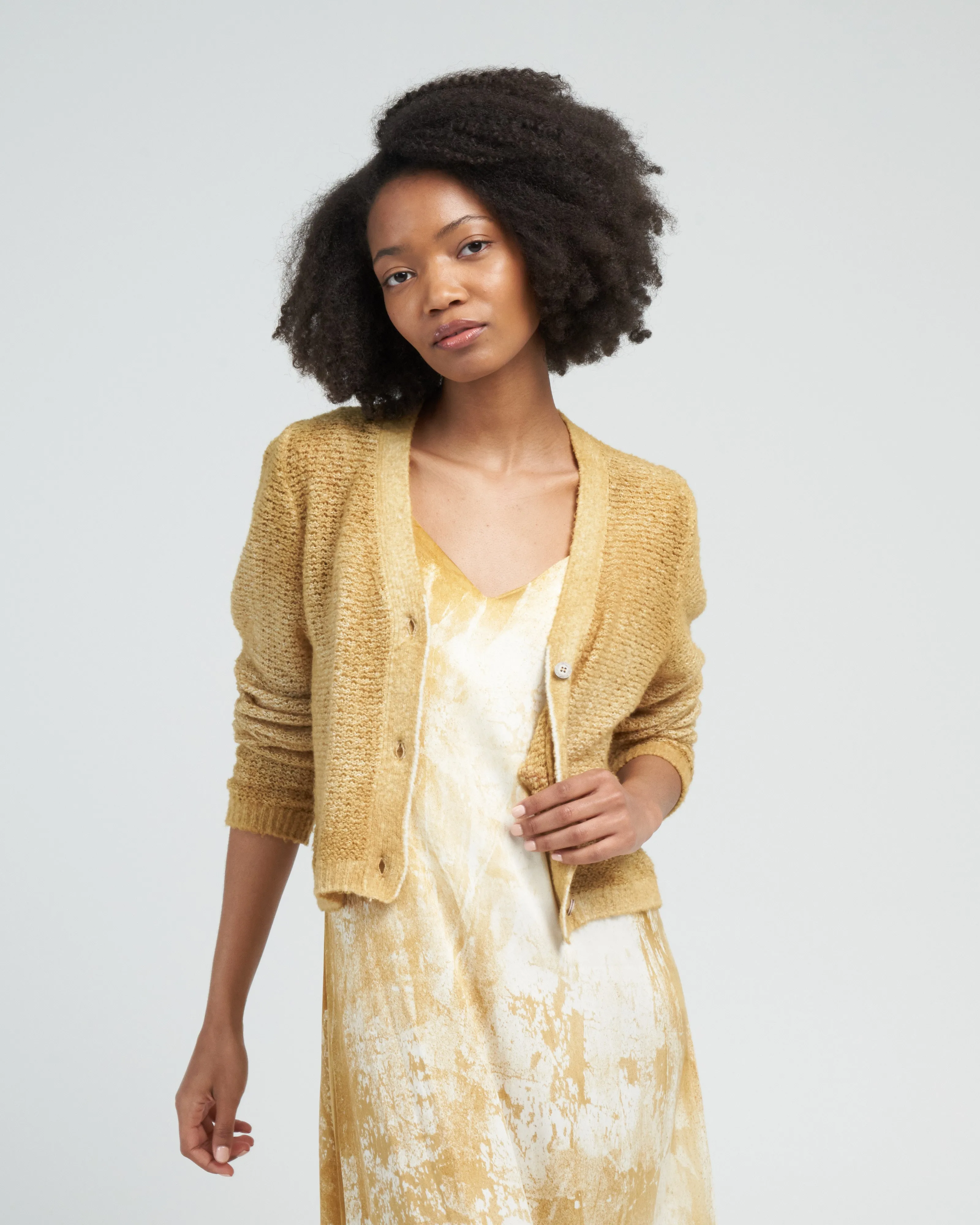 irregular stitch brushed cotton/linen v neck cardigan - oil