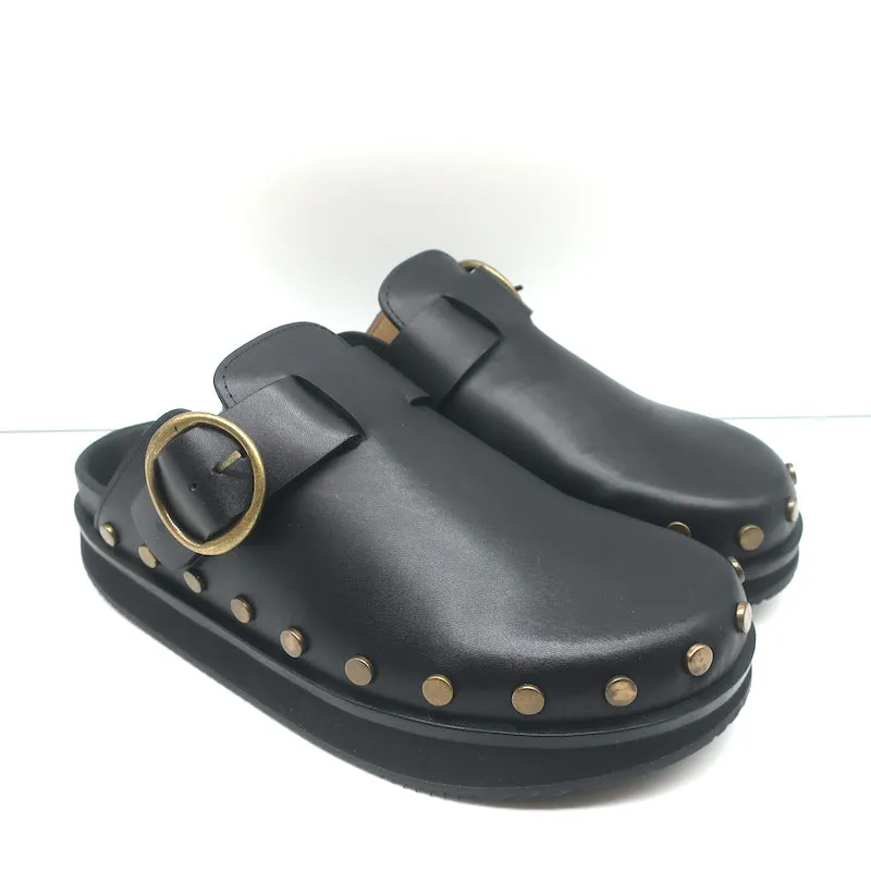 Isabel Marant Mirst Buckle Clogs Black Studded Leather Size 37 Flat Mules NEW