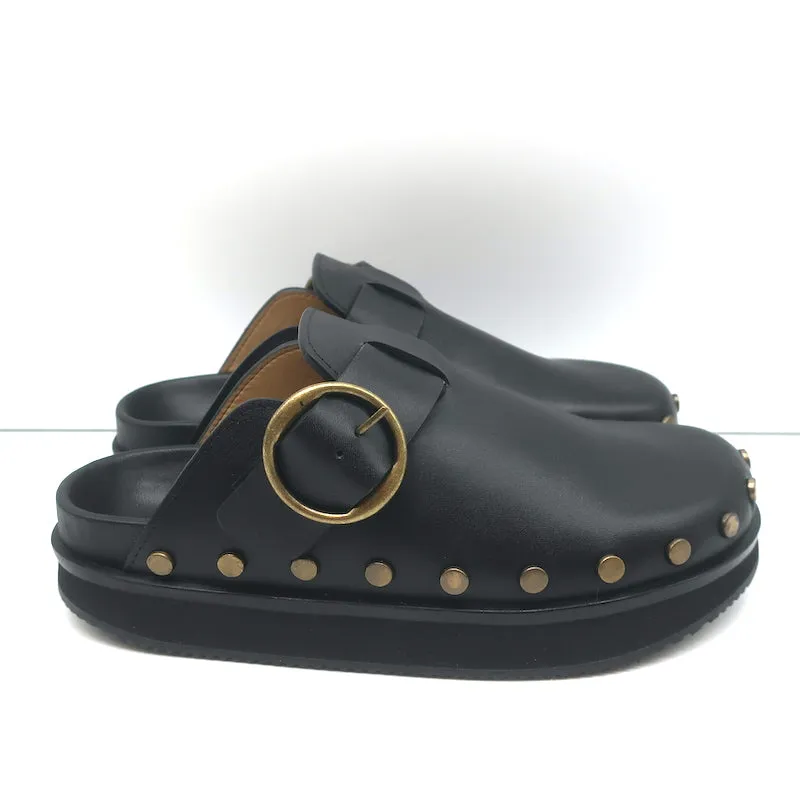 Isabel Marant Mirst Buckle Clogs Black Studded Leather Size 37 Flat Mules NEW