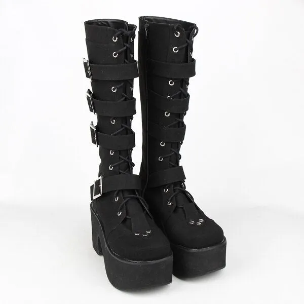 Japanese Harajuku Thick Platform Punk Goth Cosplay Boots Women Burgundy Leather Buckle Straps Lace Up High Boots