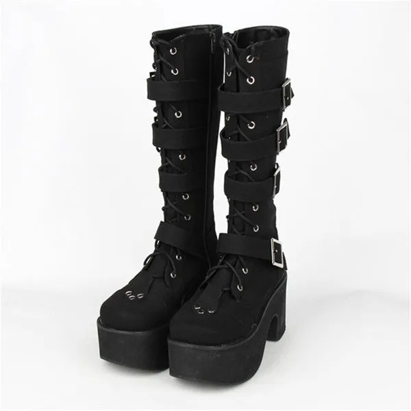 Japanese Harajuku Thick Platform Punk Goth Cosplay Boots Women Burgundy Leather Buckle Straps Lace Up High Boots