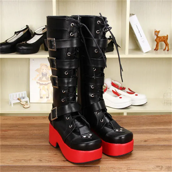 Japanese Harajuku Thick Platform Punk Goth Cosplay Boots Women Burgundy Leather Buckle Straps Lace Up High Boots