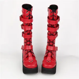 Japanese Harajuku Thick Platform Punk Goth Cosplay Boots Women Burgundy Leather Buckle Straps Lace Up High Boots