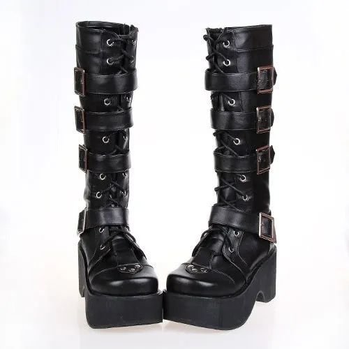 Japanese Harajuku Thick Platform Punk Goth Cosplay Boots Women Burgundy Leather Buckle Straps Lace Up High Boots
