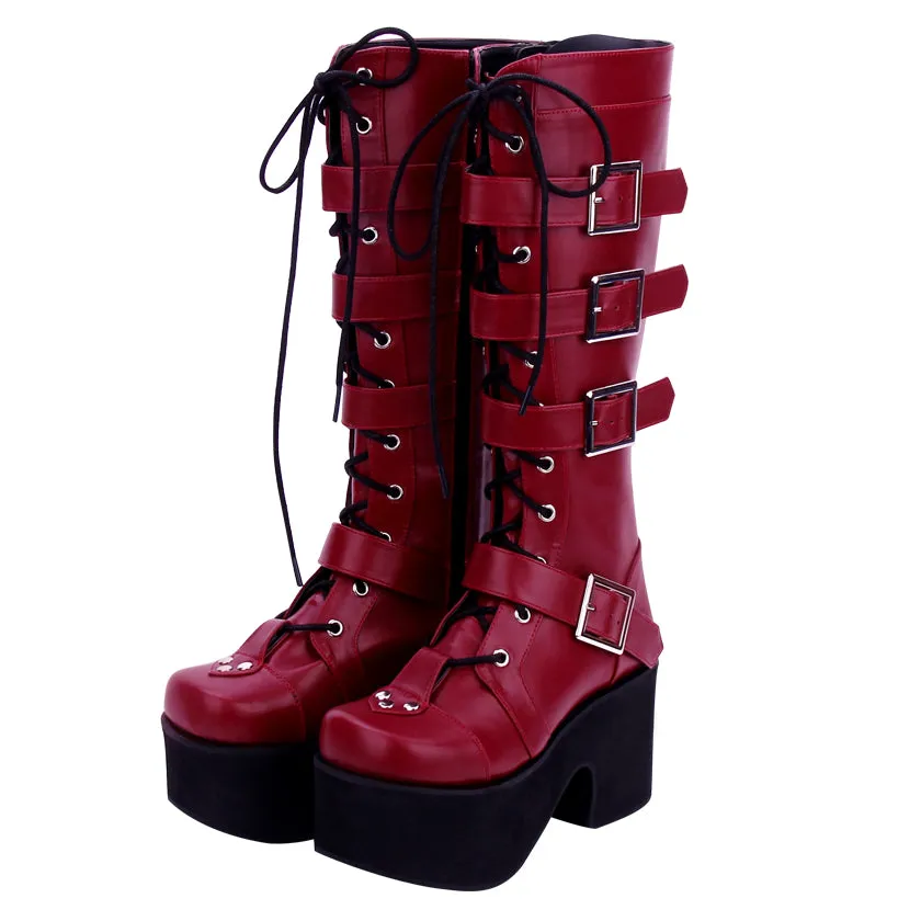 Japanese Harajuku Thick Platform Punk Goth Cosplay Boots Women Burgundy Leather Buckle Straps Lace Up High Boots
