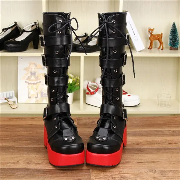 Japanese Harajuku Thick Platform Punk Goth Cosplay Boots Women Burgundy Leather Buckle Straps Lace Up High Boots