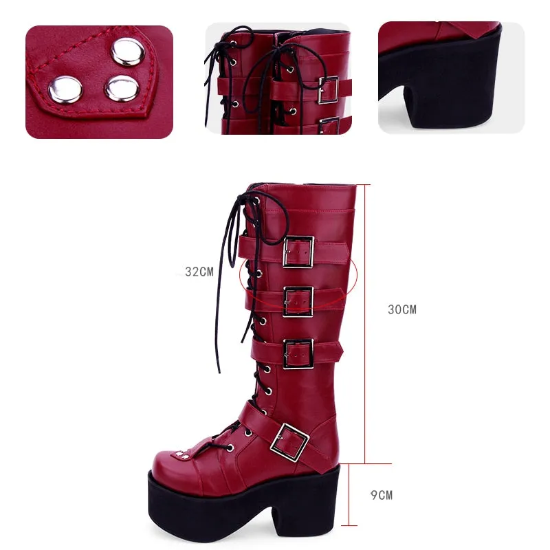 Japanese Harajuku Thick Platform Punk Goth Cosplay Boots Women Burgundy Leather Buckle Straps Lace Up High Boots