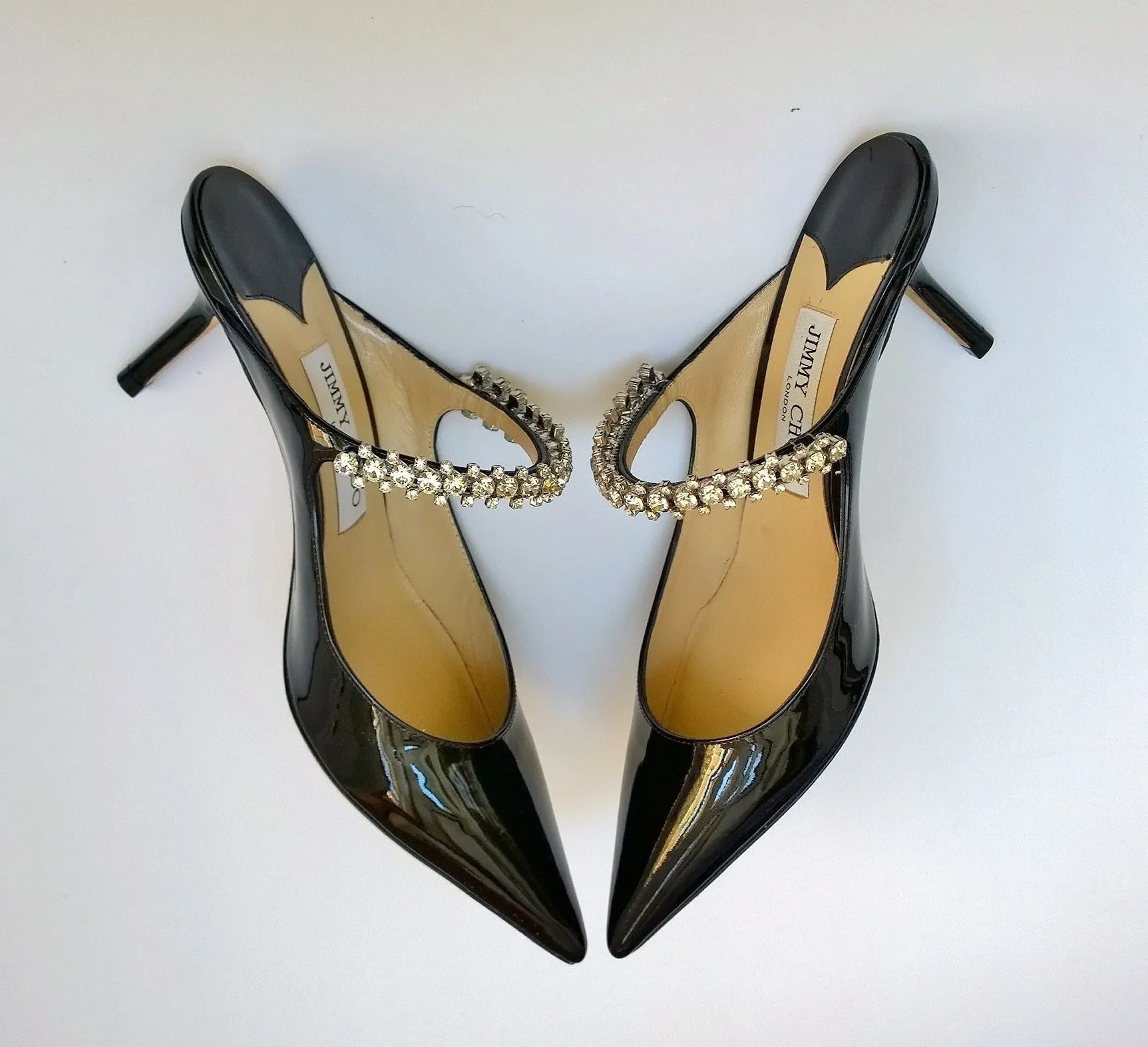 Jimmy Choo Bing 65 Black Patent Rhinestone Strap Heels New in Box Mules Slides