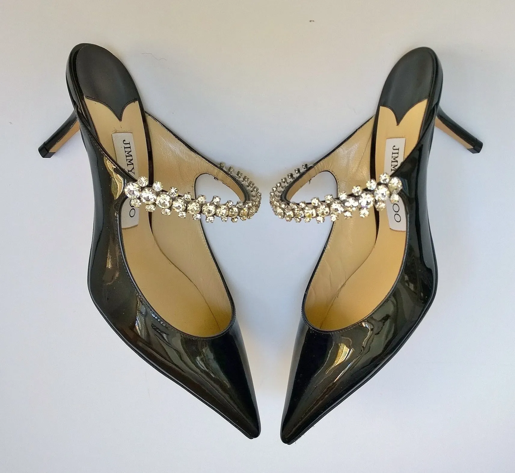 Jimmy Choo Bing 65 Black Patent Rhinestone Strap Heels New in Box Mules Slides