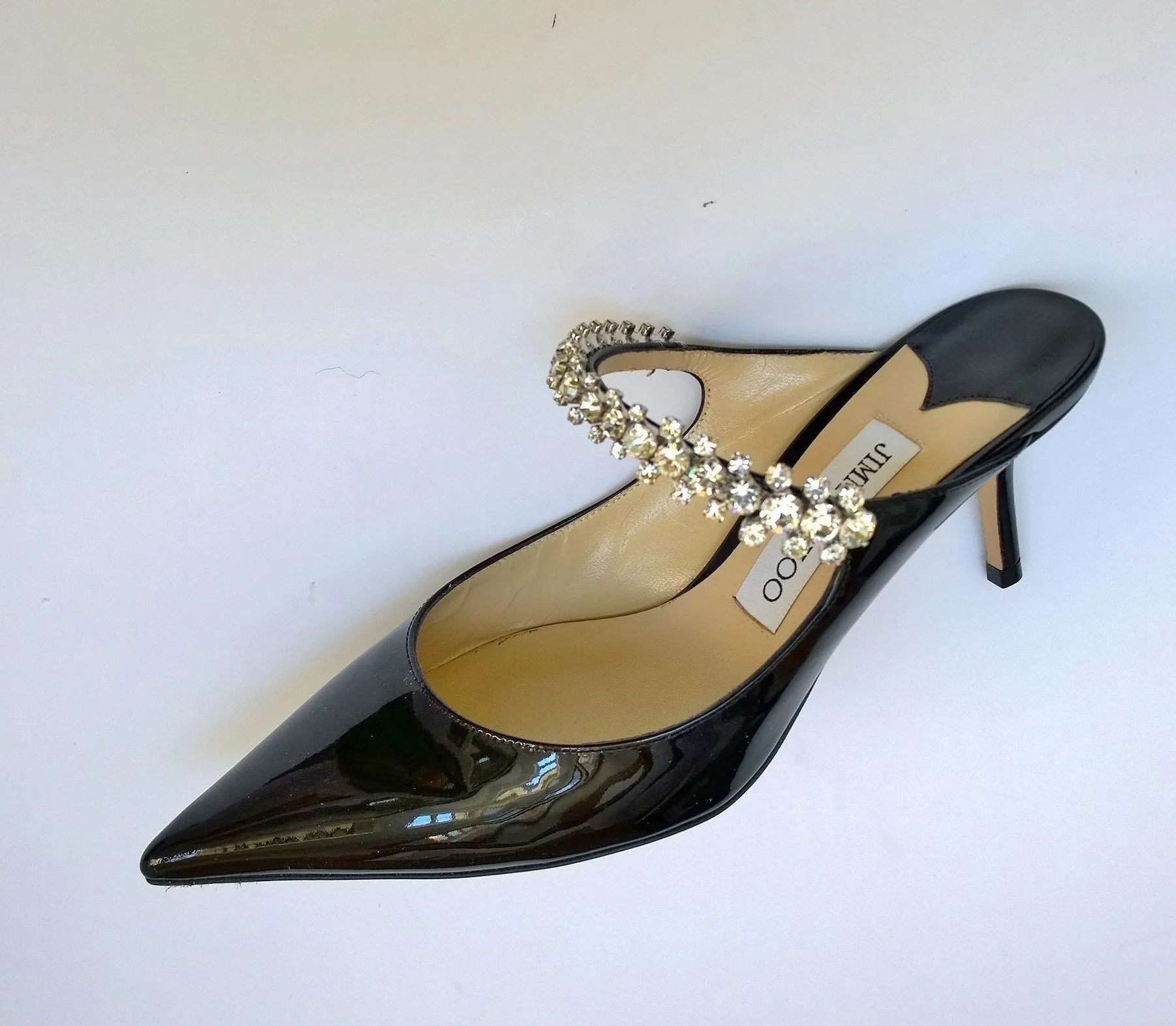 Jimmy Choo Bing 65 Black Patent Rhinestone Strap Heels New in Box Mules Slides