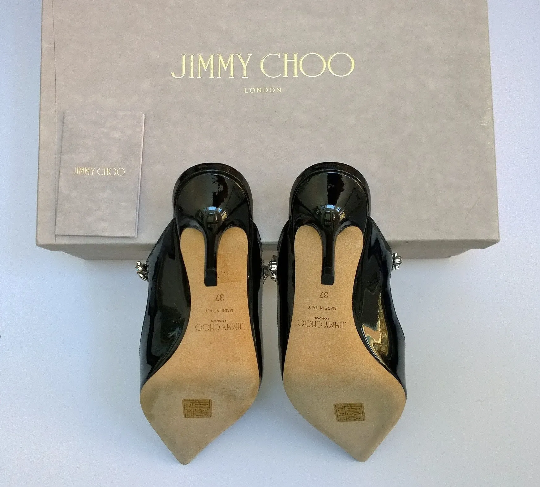 Jimmy Choo Bing 65 Black Patent Rhinestone Strap Heels New in Box Mules Slides