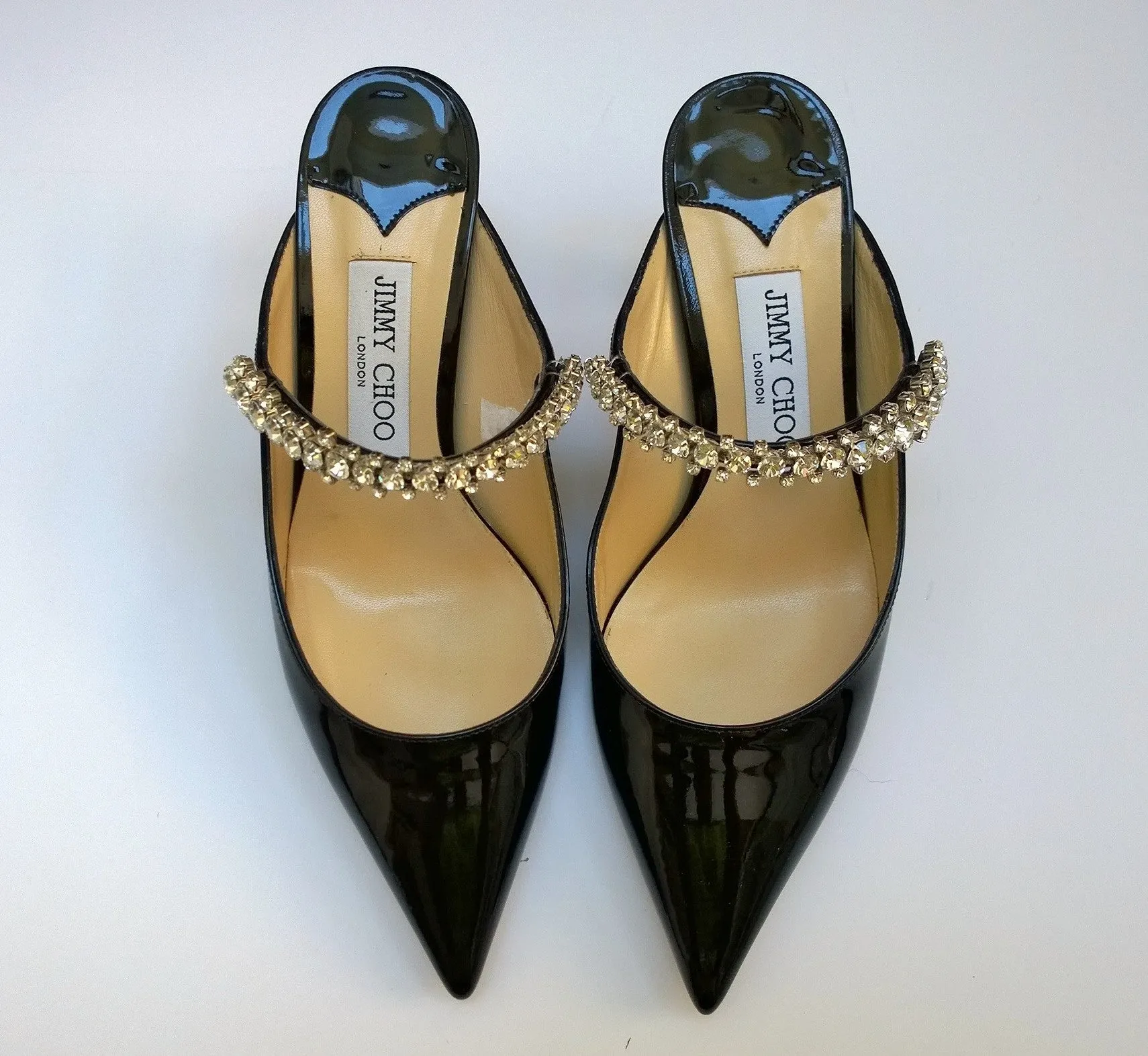Jimmy Choo Bing 65 Black Patent Rhinestone Strap Heels New in Box Mules Slides