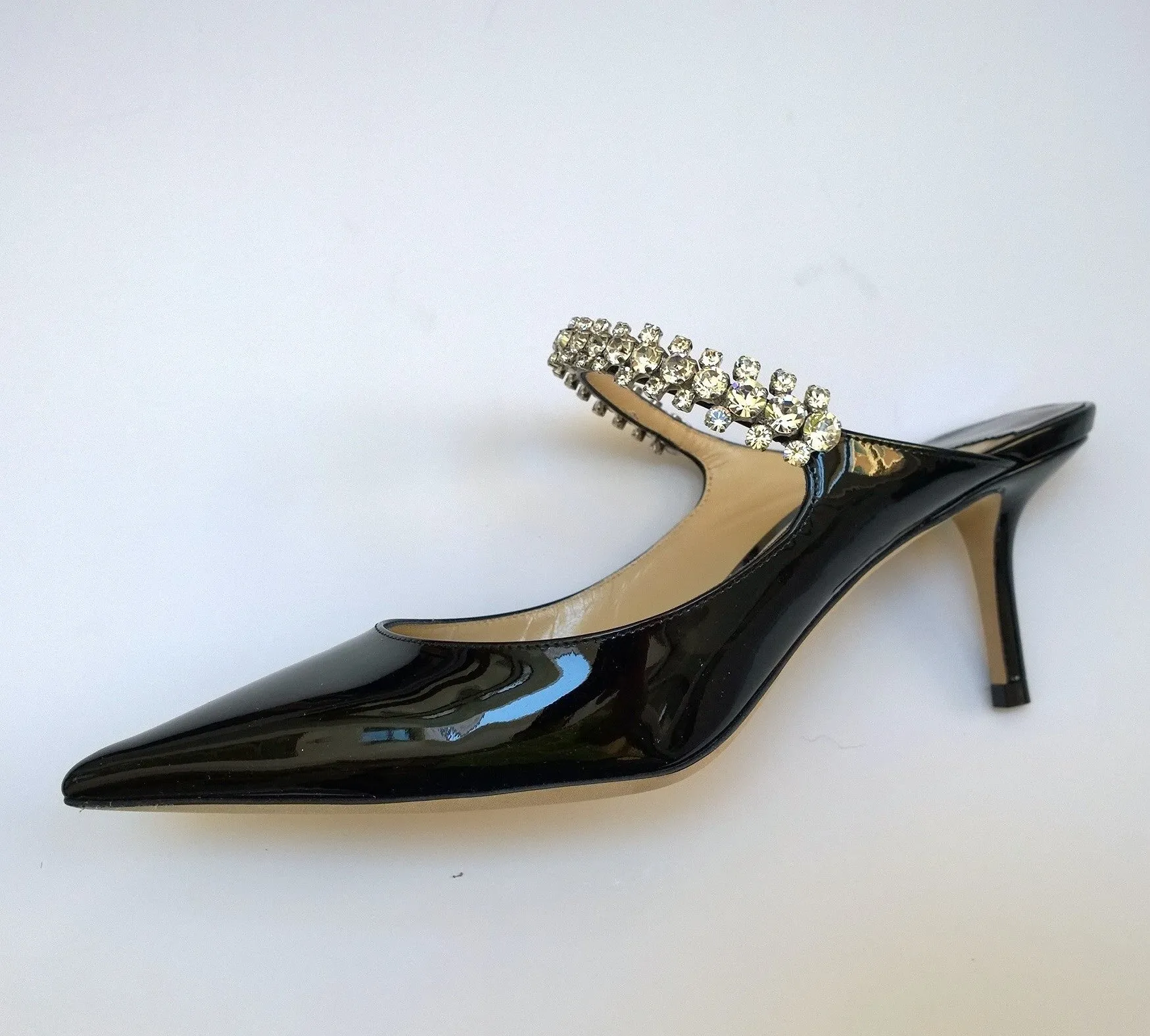 Jimmy Choo Bing 65 Black Patent Rhinestone Strap Heels New in Box Mules Slides