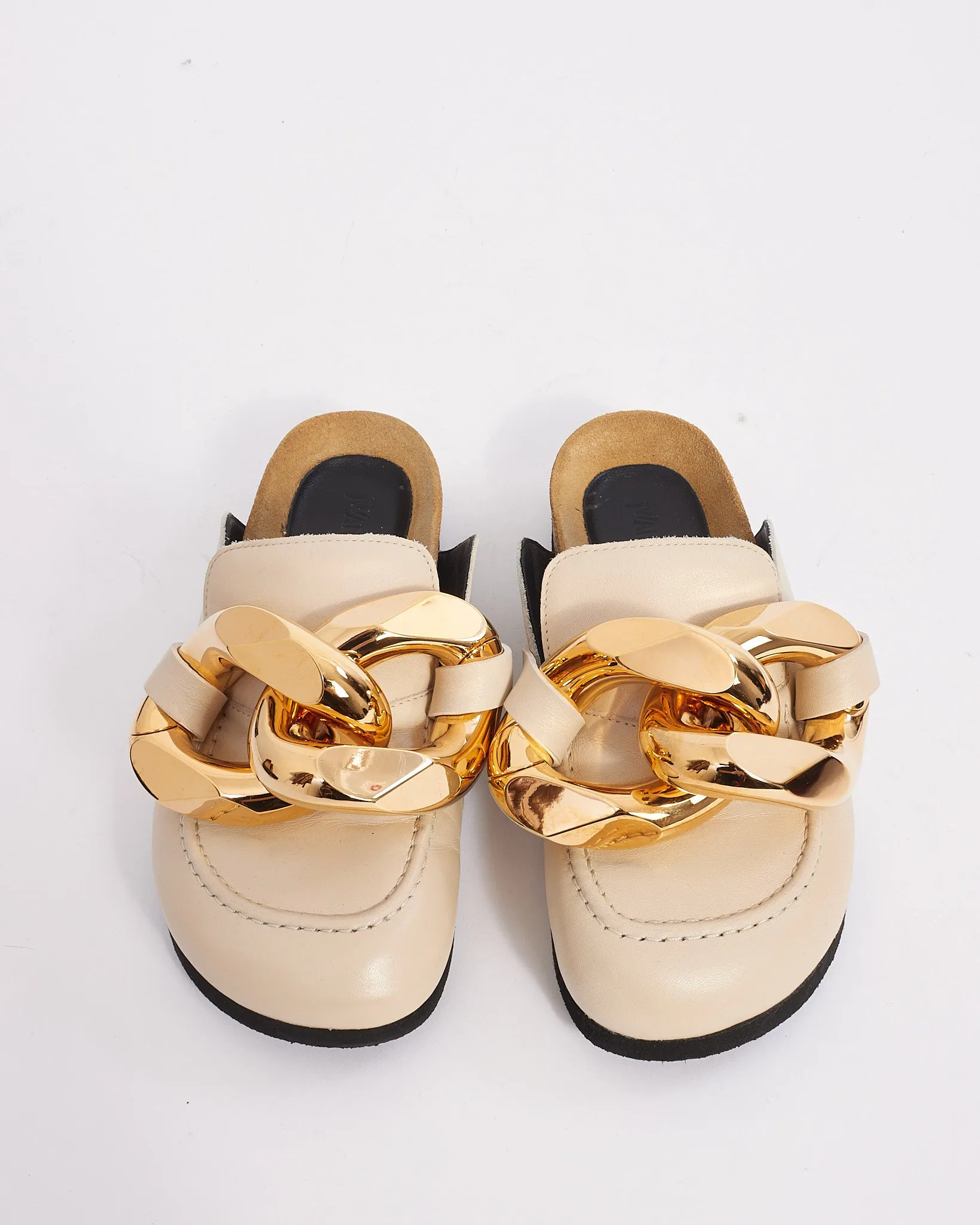 JW Anderson Beige Leather with Gold Chain Round Toe Leather Mules - 35
