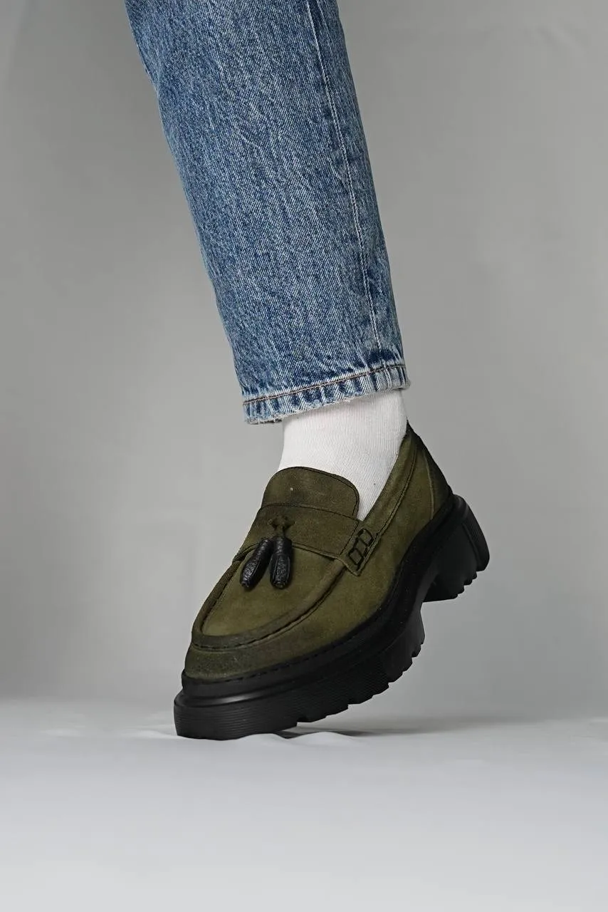 Khaki Suede Leather High Sole Shoes