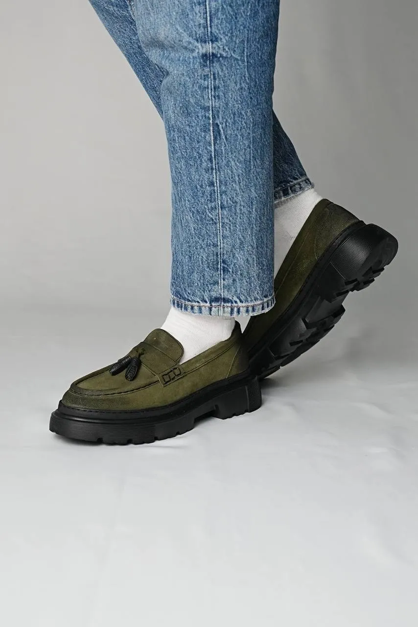 Khaki Suede Leather High Sole Shoes
