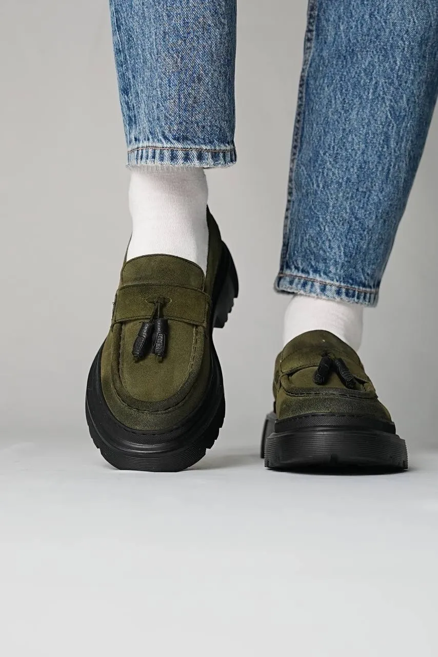 Khaki Suede Leather High Sole Shoes