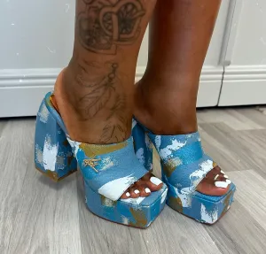 KW Distressed Denim Mules w/Blue