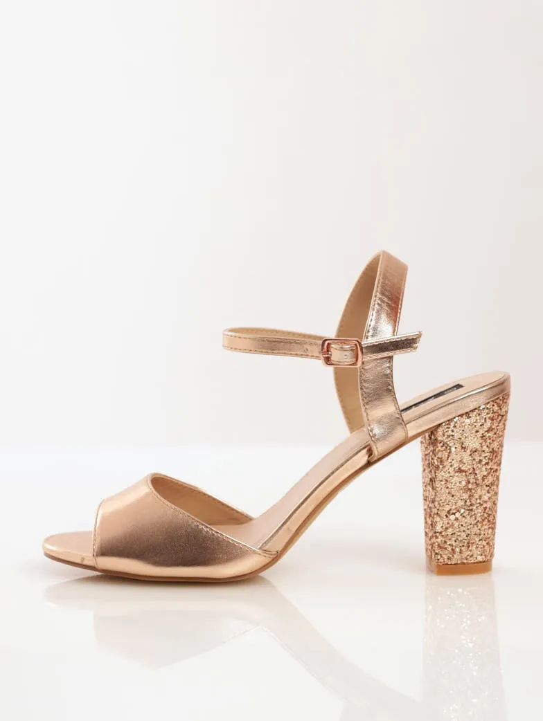 Ladies Glitter Block Heel Sandal With Shaped Vamp - Rose Gold