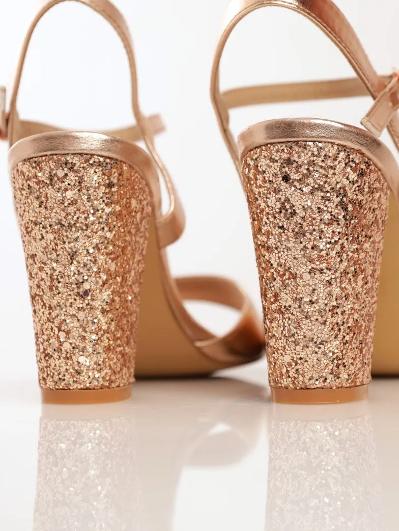 Ladies Glitter Block Heel Sandal With Shaped Vamp - Rose Gold