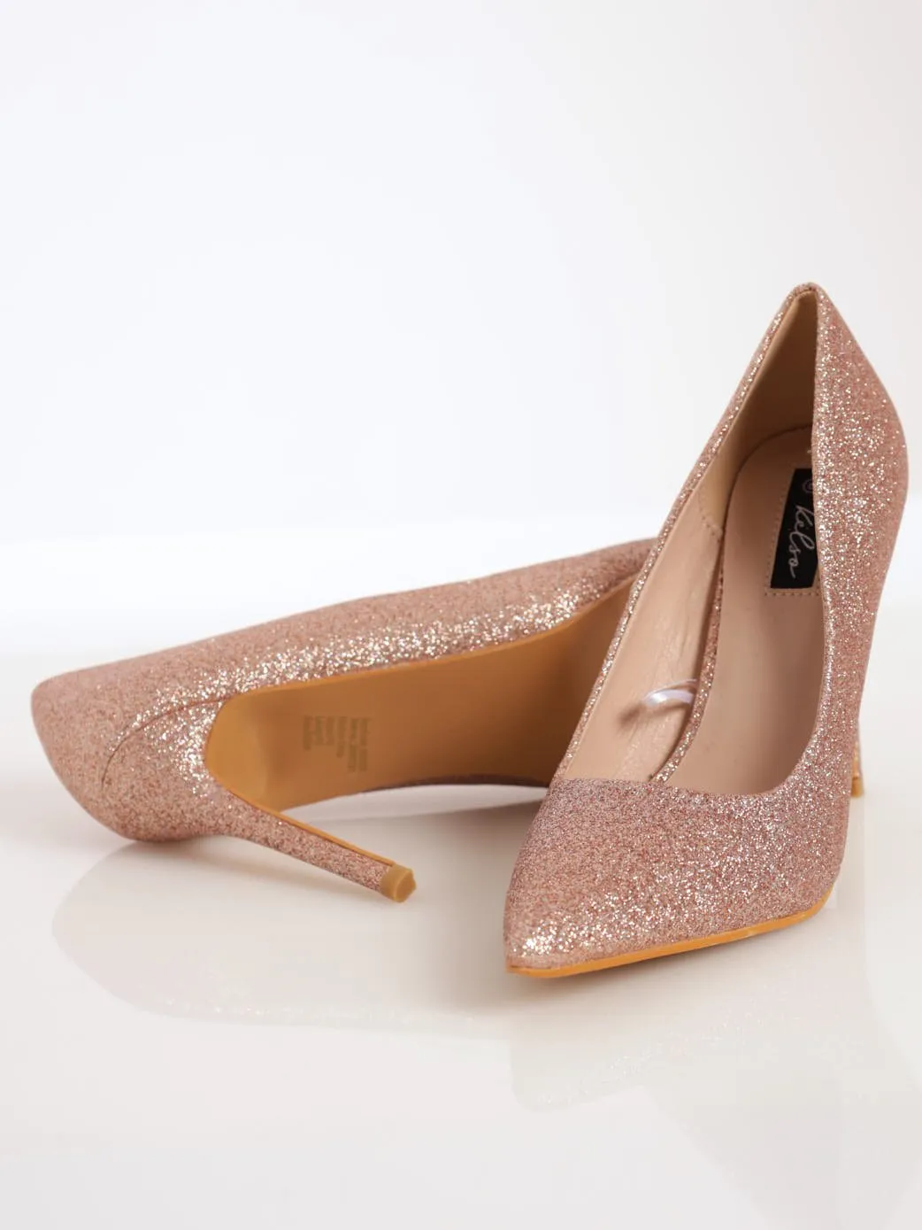 Ladies Glitter Fabric Pointed Court Stiletto Heel - Rose Gold