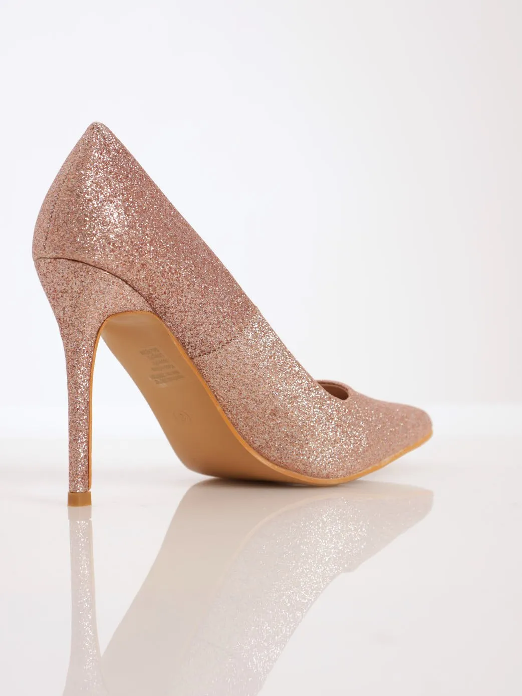 Ladies Glitter Fabric Pointed Court Stiletto Heel - Rose Gold